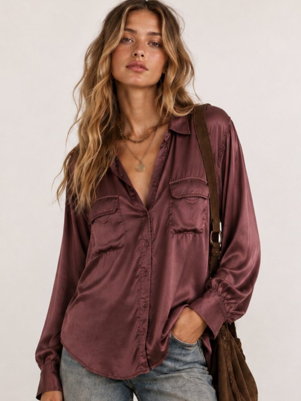 YOUNG FABULOUS & BROKE Belle Satin Button Down Top Blouse Plum Brown Size L EUC